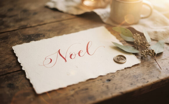 Handwritten Noel Calligraphy Card With Wax Seal On Wooden Table For Christmas Greeting Design