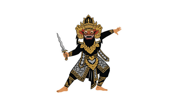 Balinese Barong Dancer Holding Kris Dagger on White Background