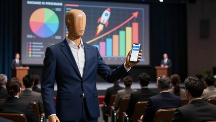 Fototapeta premium Wooden mannequin presents data in corporate meeting, holding smartphone and gesturing.