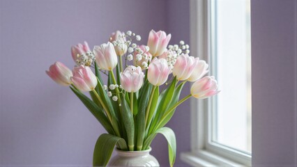 Obraz premium Pink tulips and baby's breath in a white vase by a window.