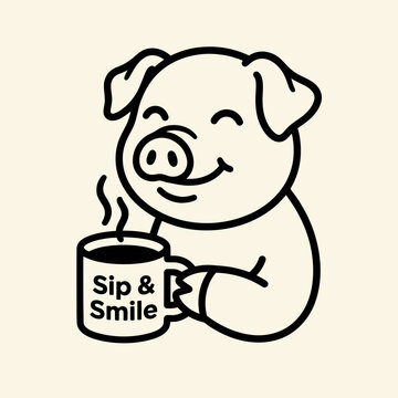 Smiling Pig Holding Coffee Mug 1.
