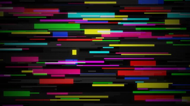 A dynamic composition featuring horizontal colored stripes cutting across the dark screen with chaotic energy, creating an engaging visual experience reminiscent of vintage television