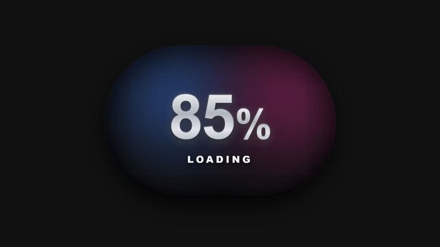 A sleek dark interface showcases eighty five percent loading progress inside a glowing pill shaped button with neon blue and purple gradients shining through the darkness seamlessly