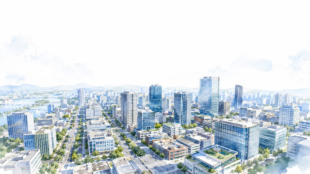 Watercolor Aerial View of Modern Office District with White Copy Space