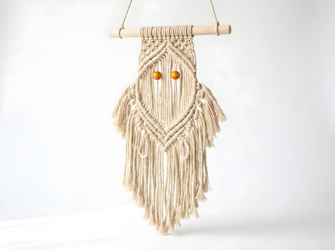 Small handmade macrame wall hanging with wooden beads and intricate knotting suspended from a wooden rod boho decor woven art fiber art small tapestry handmade craft cotton cord