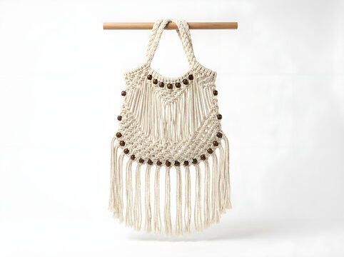 Bohemian macrame tote bag with wooden beads and fringe hanging on wooden bar handmade bag cotton cord bohemian fashion summer bag beach bag knotted purse beige accessory