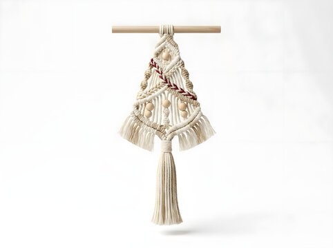 Miniature christmas tree macrame wall hanging with wooden beads and red yarn on wooden rod christmas decoration holiday decor boho christmas handmade craft cotton cord woven art