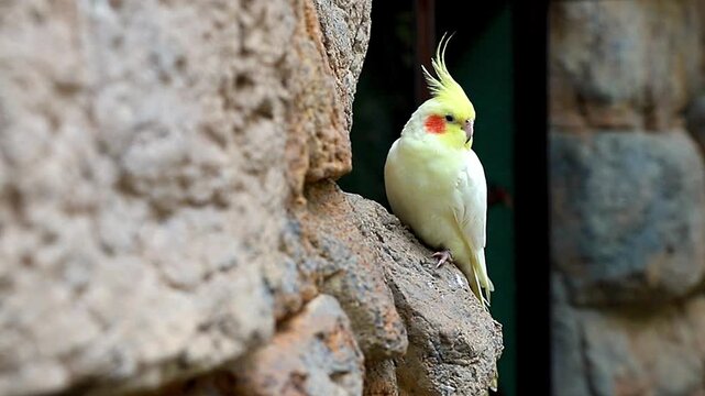 Close-up video of a cute yellow lutino cockatiel parrot sitting calmly near a stone wall, turning its head and blinking sleepy eyes. High quality footage suitable for nature documentaries, pet care gu