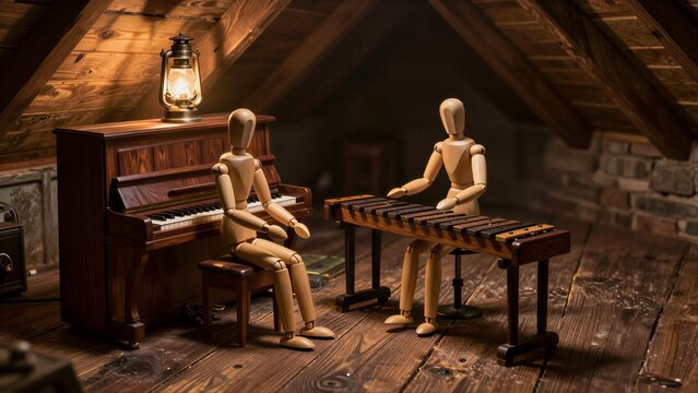 Wooden figures play piano and xylophone under warm lantern light in attic.