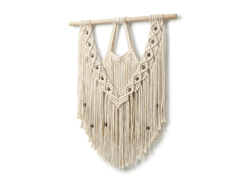 Minimalist handmade macrame wall hanging with intricate knots and hanging fringe on wooden dowel woven art boho decor fiber art cotton cord interior design bohemian style