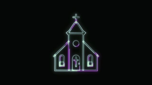  Church Icon Neon Seamless Loop 4K with Black Background Animated Promotional Typography for Video Editing