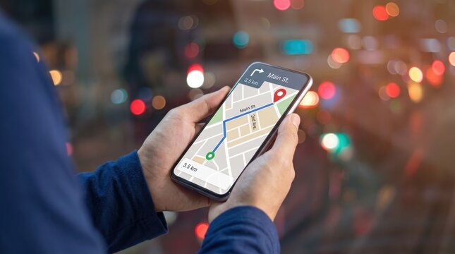 Person holding smartphone with GPS navigation map app showing route and location pin, urban city with bokeh lights, travel direction, finding way, modern technology lifestyle