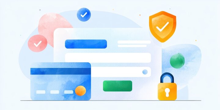 E-commerce payment gateway user experience watercolor concept. Online payment security concept with credit card and padlock icons