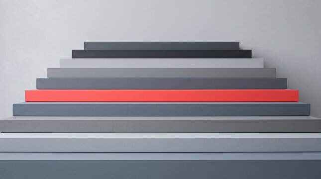Abstract minimalist composition featuring stacked rectangular blocks in varying shades of grey and a single vibrant red layer, symbolizing hierarchy, structure, building steps