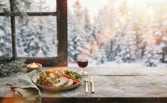 Cozy winter holiday dinner with roasted turkey, potatoes, vegetables, and red wine overlooking a snowy forest landscape through a rustic window