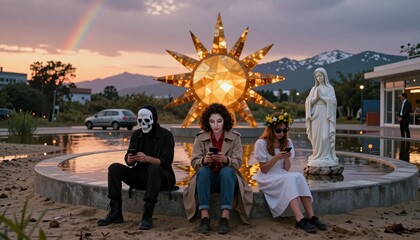 Obraz premium Three People with Mobile Devices at Golden Sun Sculpture and Religious Statue at Dusk