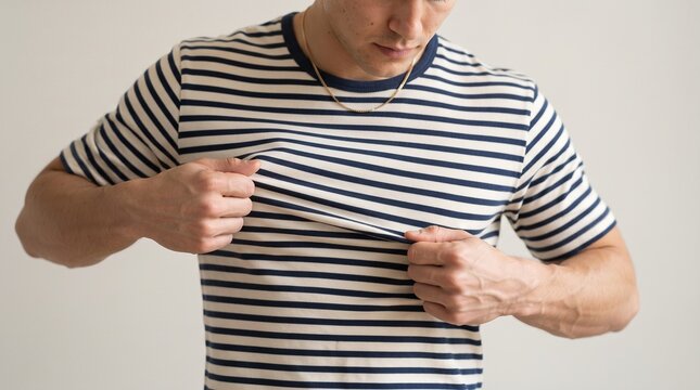 close up of man stretching comfortable striped t-shirt fabric