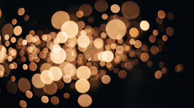 Abstract golden bokeh lights floating against dark black, defocused circular orbs creating dreamy atmosphere, festive Christmas decoration glow, New Year celebration sparkle