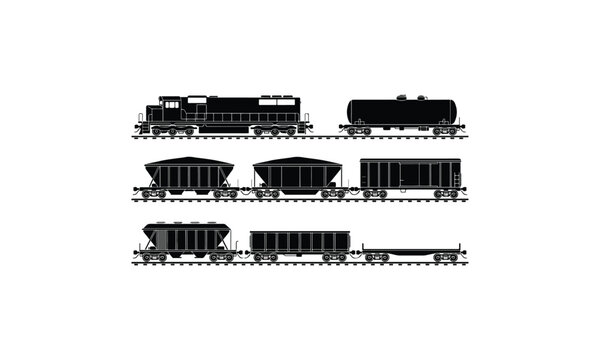 Freight Train Silhouettes with Locomotive and Cargo Wagons