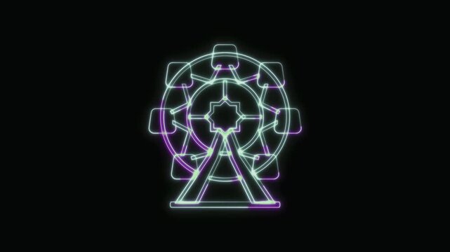  Ferris Wheel Icon Neon Seamless Loop 4K with Black Background Animated Promotional Typography for Video Editing