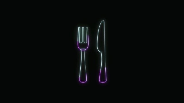  Fork and Knife Icon Neon Seamless Loop 4K with Black Background Animated Promotional Typography for Video Editing