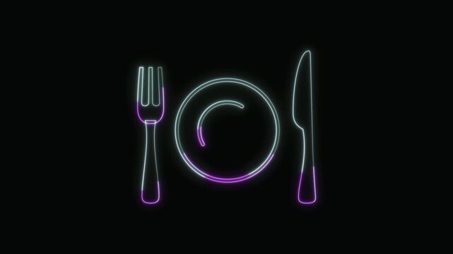  Fork and Knife with Plate Icon Neon Seamless Loop 4K with Black Background Animated Promotional Typography for Video Editing