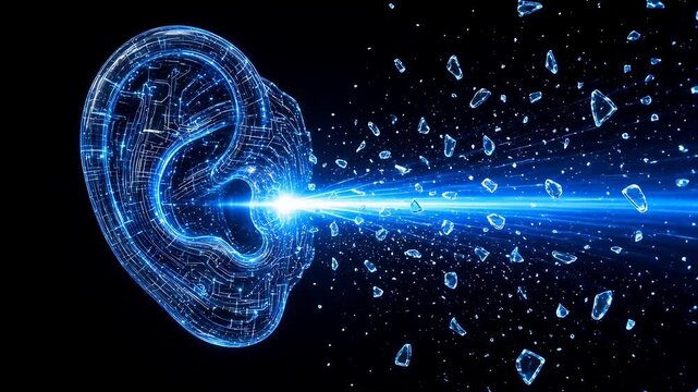 Abstract Digital Ear With Light Beam and Particles Symbolizing Sound and Perception