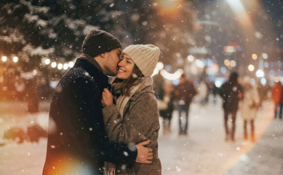 Romantic young caucasian couple hugging and kissing on a snowy city street during winter evening with festive lights for love and holiday celebration concepts