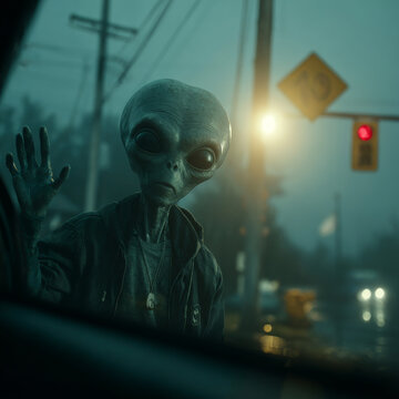 Alien with large eyes and gray skin waves at car window on rainy street with traffic lights glowing warmly