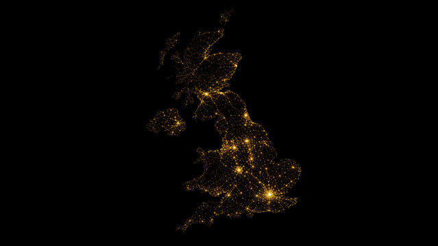 United Kingdom and Ireland seen at night with bright city lights and dark surroundings, ideal for mapping, travel, technology and population concepts.