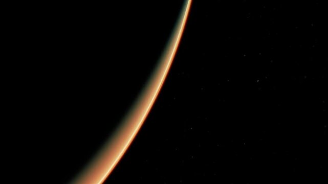 The image shows Mars as seen from space. The surface has a reddish hue. Darkness surrounds the planet, creating a contrast with its color. Stars are faintly visible in the background.