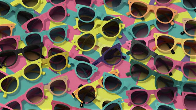 Vibrant, colorful sunglasses in a playful pattern on bold striped background.