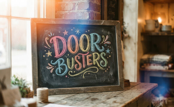 Chalkboard sign with colorful handwritten text saying Door Busters on a wooden table inside a rustic shop interior for retail promotion and sale events