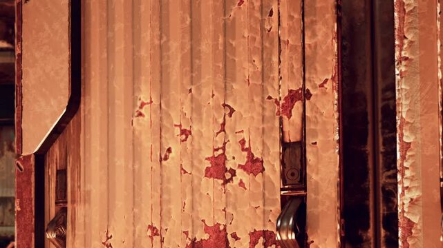Metal doors show signs of rust and wear with peeling paint in a vintage industrial location. Sunlight highlights textures and colors on the door surface.