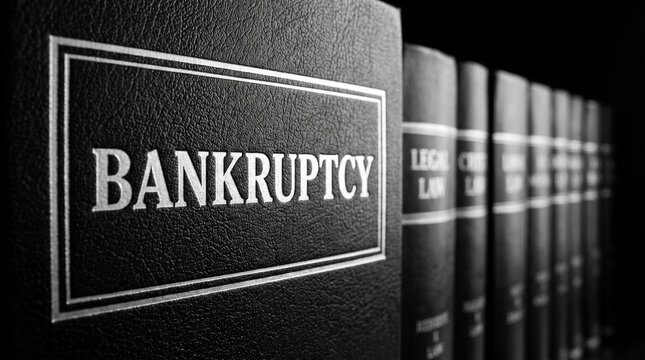 Row of law books on a shelf with bankruptcy book in focus