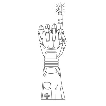 Robot hand finger pointer line vector,hand robot finger pointing outline vector,robotic hand finger line art vector,hand robot finger point single line illustration,hand robot finger point line icon