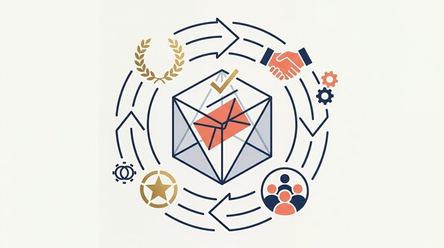 Envelope icon with handshake and cyclic flow symbols.