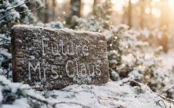 Snowy wooden sign with the text Future Mrs Claus in a winter forest with warm sunlight, romantic proposal concept for Christmas engagement and holiday season