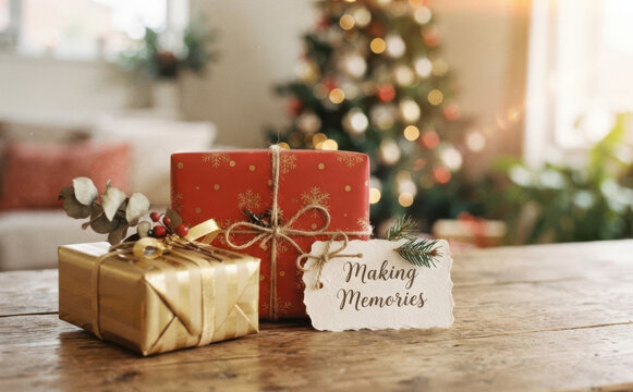 Christmas presents on wooden table with Making Memories card and decorated tree background for holiday celebration