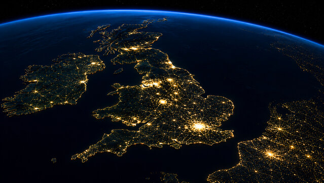 United Kingdom from space with illuminated urban areas and dramatic night atmosphere, suitable for maps, satellite imagery, travel and technology projects.