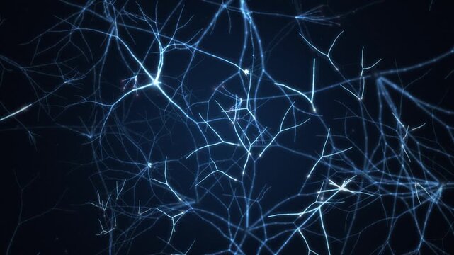 Glowing blue neuron cells with branching dendrites and flashing synapse signals in the dark