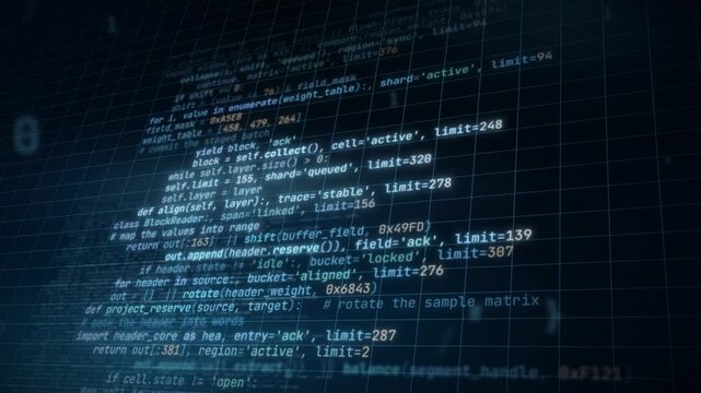 Programming source code scrolling on an angled digital grid as a software development background