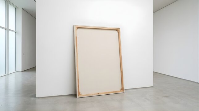Empty canvas frame leaning against a white gallery wall for art display