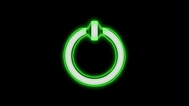 Glowing green neon power button symbol animation