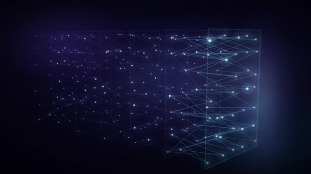 Scanning light plane moving across a three dimensional data point grid drawing network connections