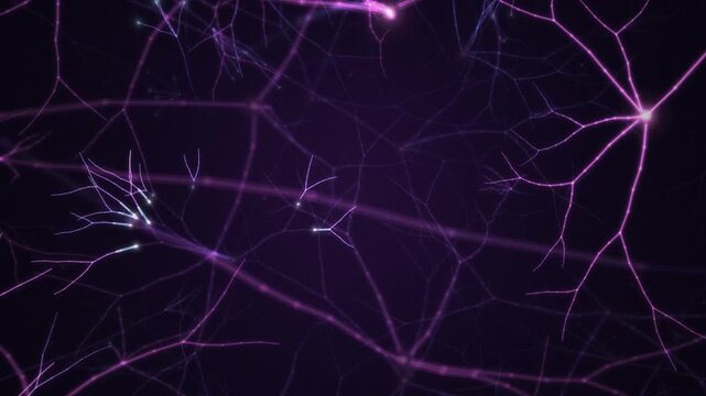 Purple neuron network transmitting glowing signal pulses along branching nerve fibers