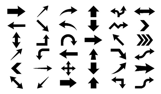 Bold directional arrow sign collection with curved diagonal pointer chevron and navigation silhouette vector elements