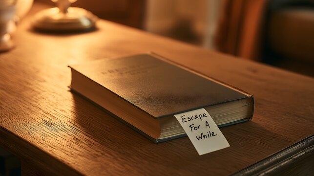 Closed book with Escape For A While note on wooden table.