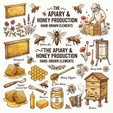 Apiary Honey Production Elements Bees Honeycomb Hive Beekeeper Flowers Tools