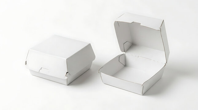 Blank White Cardboard Burger Packaging Box Mockup Set with Open and Closed Views Isolated on White Background for Fast Food Branding and Takeaway Restaurant Design Presentation